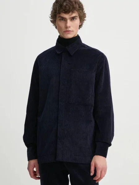 Études Studio camasa din velur marin cu guler clasic regular albastru