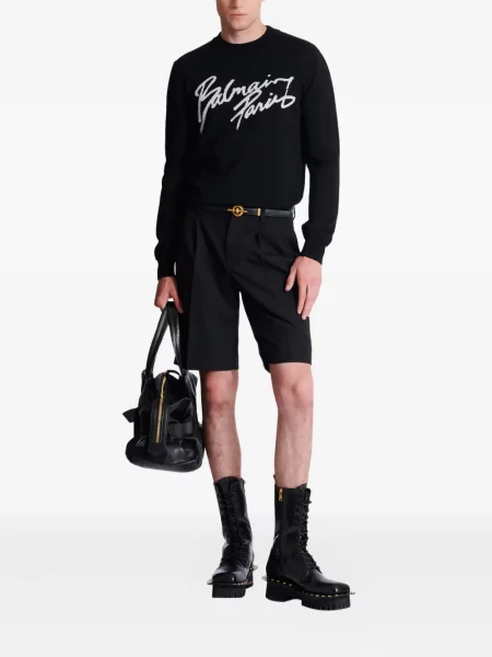 Pulover Balmain de lână cu decolteu rotund negru