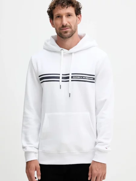 Суичър с качулка Tommy Hilfiger с качулка с принт бяло