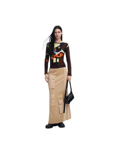 Lniany top Desigual w abstrakcyjne wzory brązowy