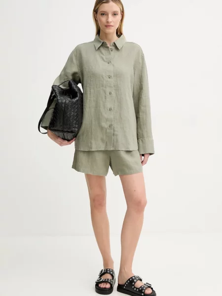 Лляні шорти Samsoe Samsoe MAREN однотонні висока посадка зелений