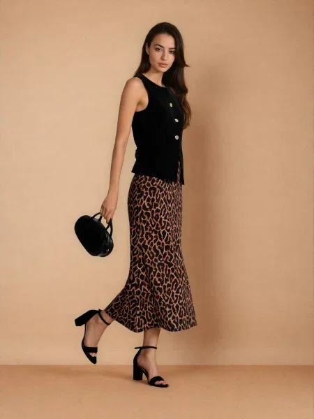 Міді спідниця з розширеним подолом в леопардовий принт коричневий