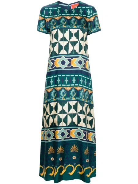 Rochie La Doublej de mătase cu imagine cu imprimeu geometric verde