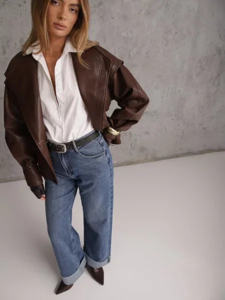 Blugi Straight Leg din cu manșete decorative la pantaloni și broderie Klonisa Albaștri albastru