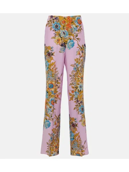 Pantaloni Etro cu talie înaltă de mătase cu model floral roz