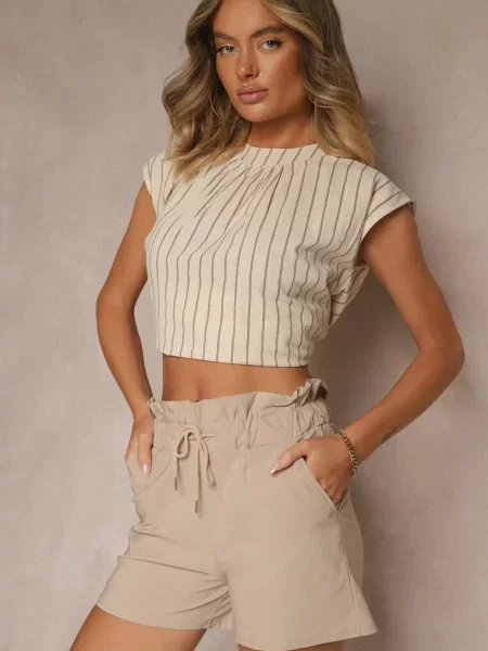 Szorty z Bawełną High Waist z Ozdobnym Sznurkiem Axemia beżowe