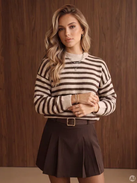 Sweter z wełną w paski Dstreet beżowy