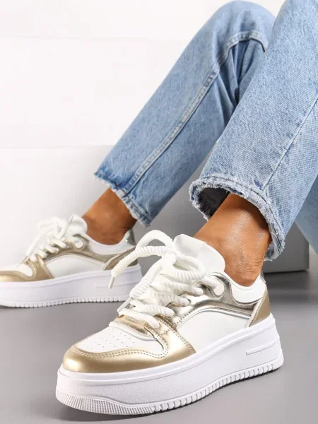 Sneakers Alb-Aurii cu Carâmb cu Inserții Multiple pe Talpă Groasă Lenarise alb