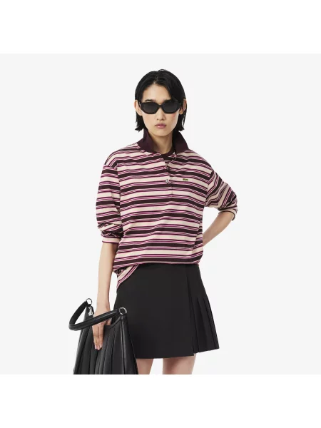 Lacoste Koszulka Polo W Paski Z Długim Rękawem Oversize brązowa