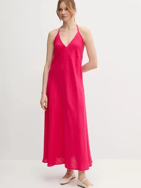 United Colors of Benetton sukienka lniana maxi rozkloszowana różowy