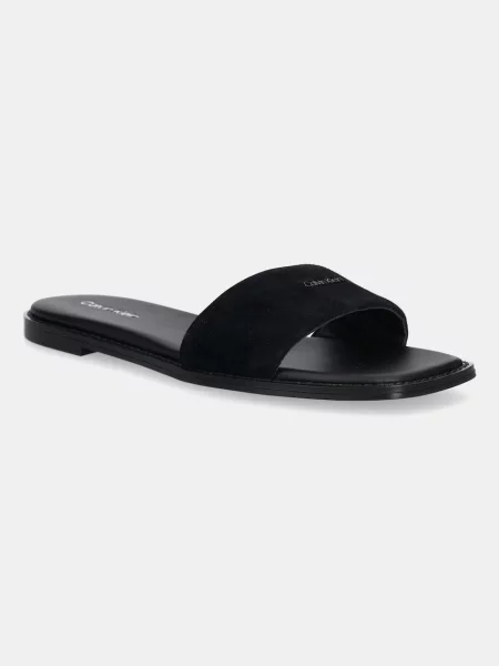 Велурени чехли Calvin Klein FLAT SANDAL SQUARED HF SUE черно