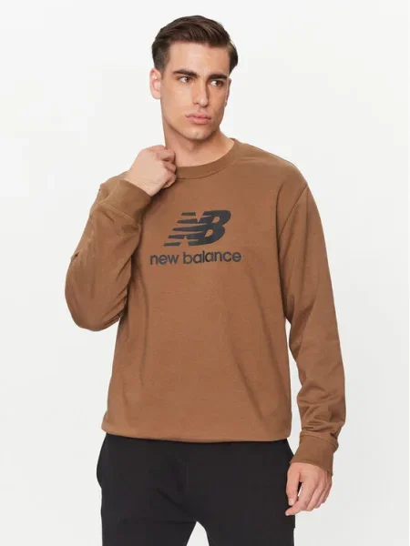 New Balance Суитшърт Essentials Stacked Logo French Terry Crewneck кафяв