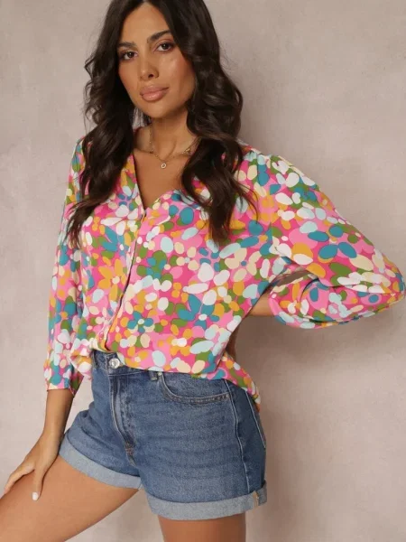 Cămașă Roz-Portocaliu cu Mâneci Lungi și Ornamentali în Flori Sarabeta roz