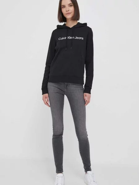 Bombažen pulover Calvin Klein Jeans s kapuco črna