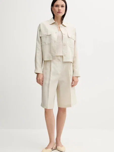 United Colors of Benetton kurtka z domieszką lnu przejściowa oversize beżowy