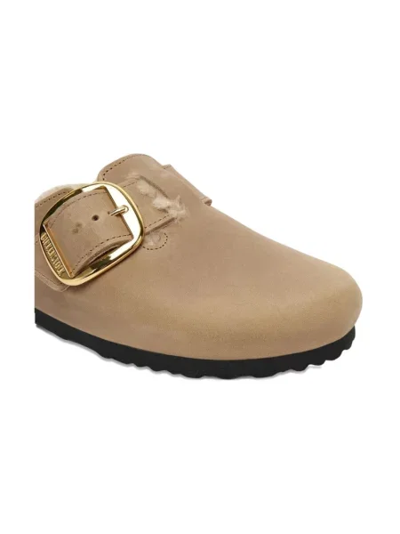 Klapki Birkenstock na sprzączkę z owczej skóry beżowe