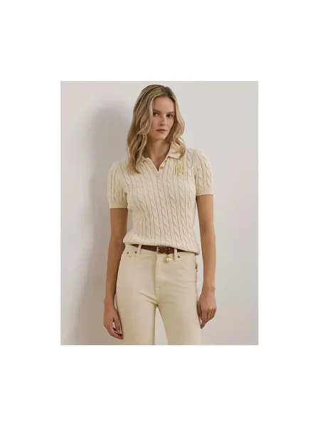 Dzianinowa koszulka polo Lauren Ralph Lauren z krótkim rękawem beżowa