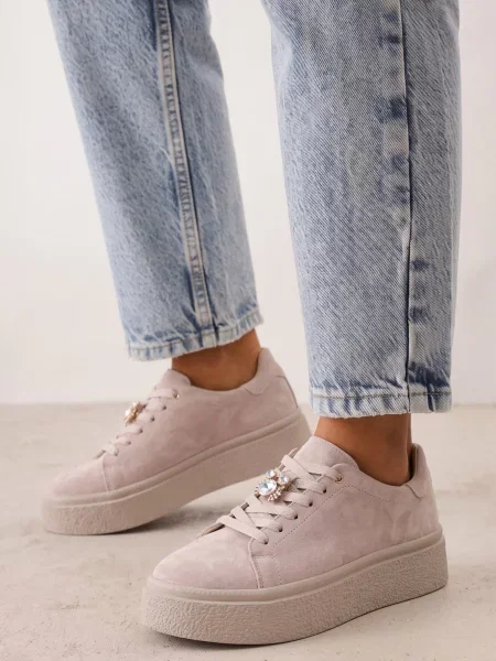Sneakers din piele întoarsă pe platformă cu aplicație cu zirconii Sulis închis bej