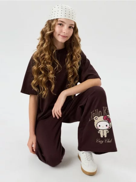 Sinsay Tepláky se širokými nohavicemi Hello Kitty tmavě hnědá