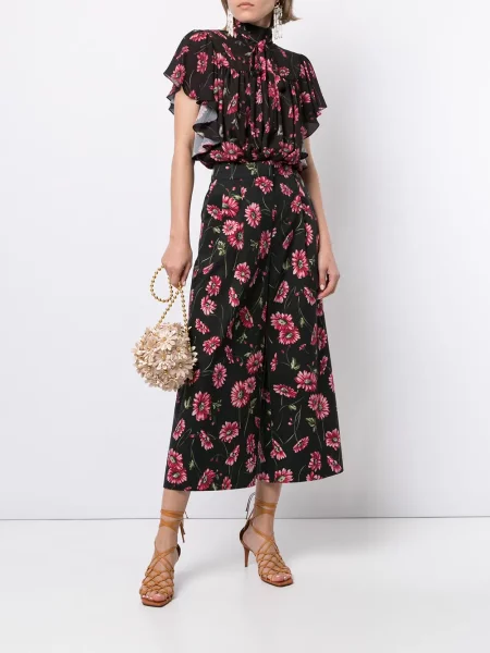 Pantaloni culottes Adam Lippes cu model floral cu imagine negru