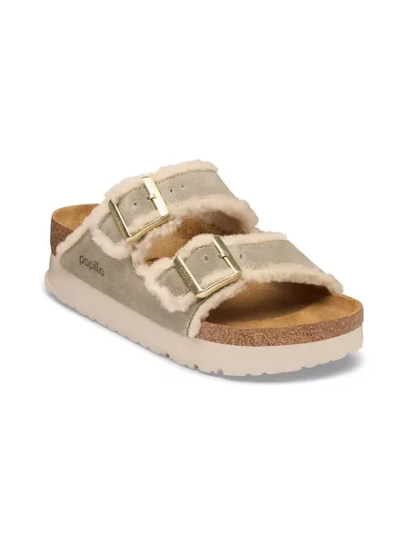 Klapki Birkenstock skórzane na platformie typu teddy beżowe