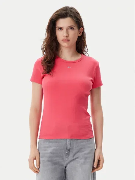 Tommy Jeans Marškinėliai Essential Slim Fit rožinė