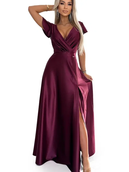 Rochie maxi Numoco din satin bordo