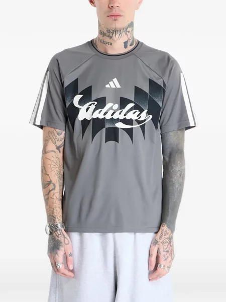Pruhované pruhované tričko Adidas s autogramem šedé