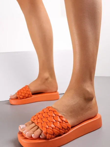 Papuci Savita cu împletitură lată pe bareta portocalii