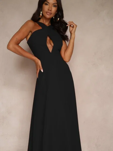 Koktajlowa Sukienka z Wiskozą i Dekoltem Halter Dolmanna czarna