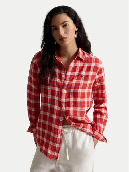 Bluzka koszulowa o kroju oversized z czystego lnu Polo Ralph Lauren czerwona