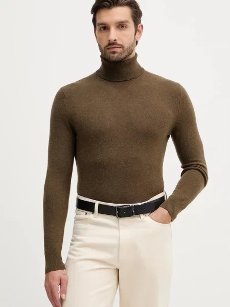 Sisley sweter z domieszką wełny beżowy lekki z golferm brązowy