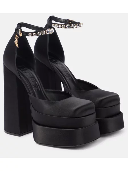 Pantofi cu toc Versace din satin cu platformă negru