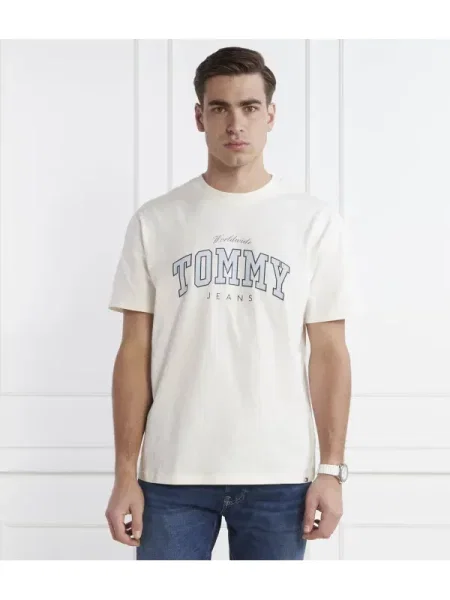 Tommy Jeans Póló Varsity világoskék / fekete fehér