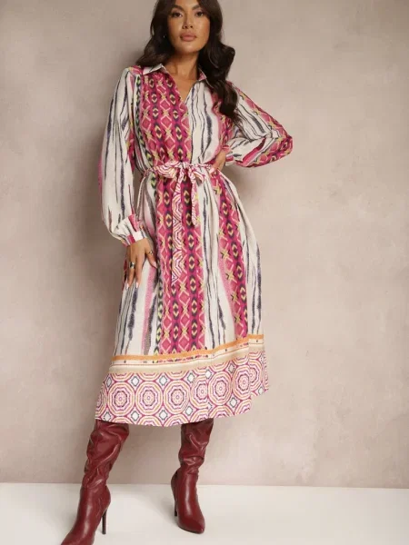 Rochie Cămașă Fucsia-Bej Cu Imprimeu Abstract Nilima bej