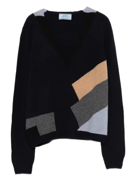 Pulover Prada cu decolteu în V cu imprimeu geometric albastru