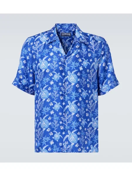 Hedvábná košile Vilebrequin s potiskem modrá