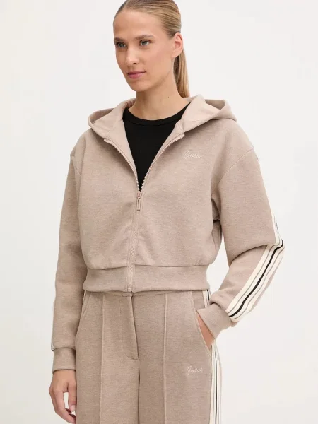 Guess bluza z domieszką wełny MURIEL z kapturem z aplikacją beżowy