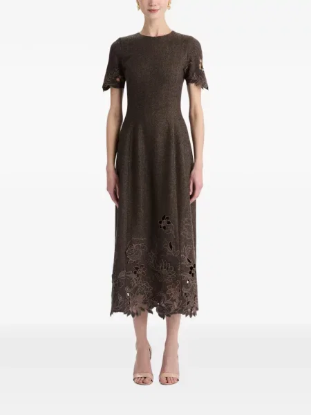 Rochie midi Oscar De La Renta cu model herringbone evazată maro