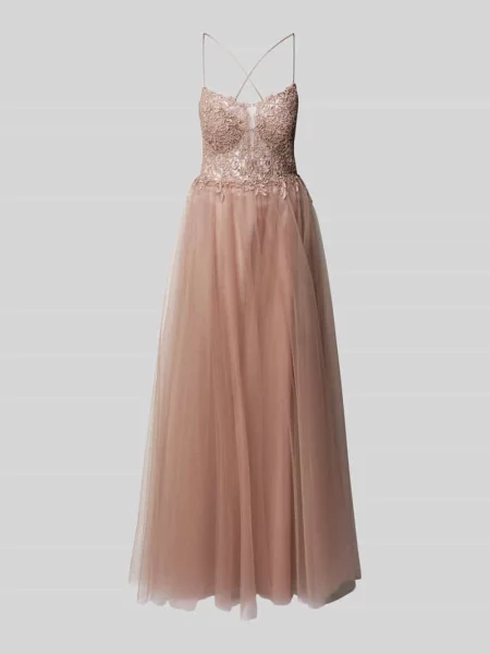 Haftowana sukienka wieczorowa Vera Mont elegancka różowa