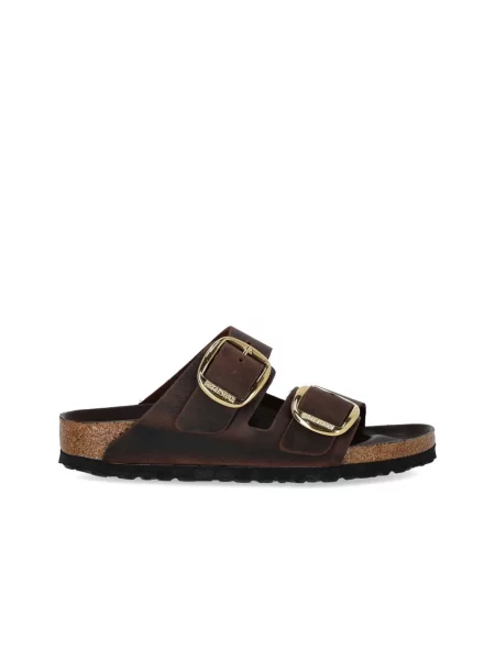 Klapki Birkenstock skórzane na sprzączkę brązowe