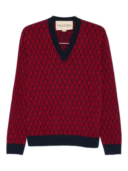 Pulover Valentino Garavani cu decolteu în V cu imprimeu geometric roșu