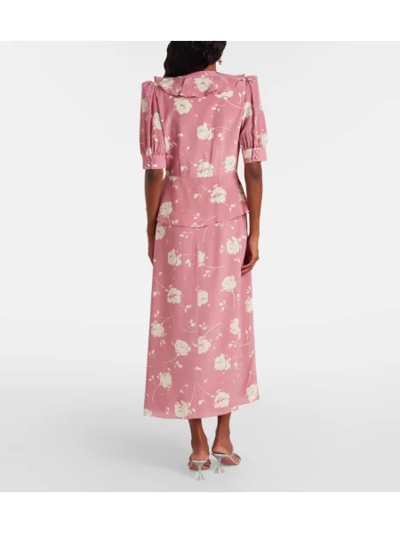 Rochie midi Alessandra Rich de mătase cu model floral cu volane roz