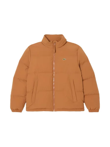 Kurtka puchowa o kroju regular fit ze stójką i zintegrowanym kapturem Lacoste brązowa