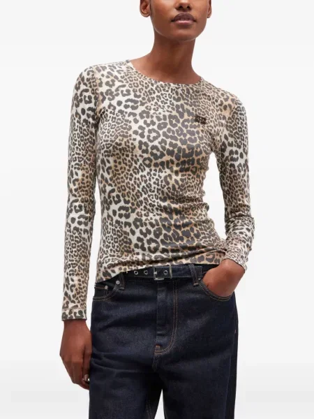 Top Ganni cu model leopard lung maro