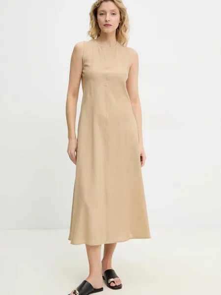 Льняна сукня Answear Lab midi розкльошена бежевий