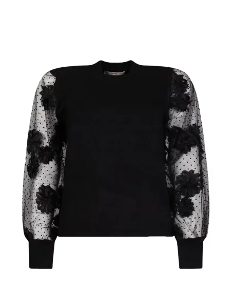 Pulover Derhy cu model floral cu aplicații plasă negru