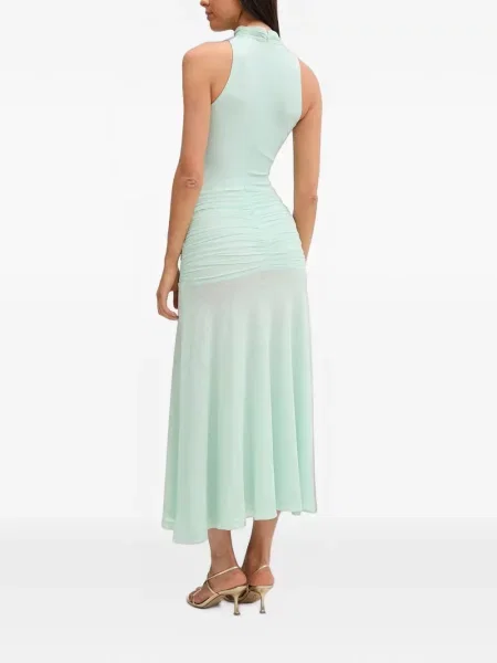 Rochie midi Bardot fără mâneci cu volane verde