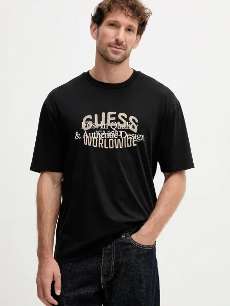 Тениска Guess WORLDWIDE с принт черно