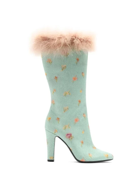 Botine Valentino Garavani cu pene cu model floral albastru